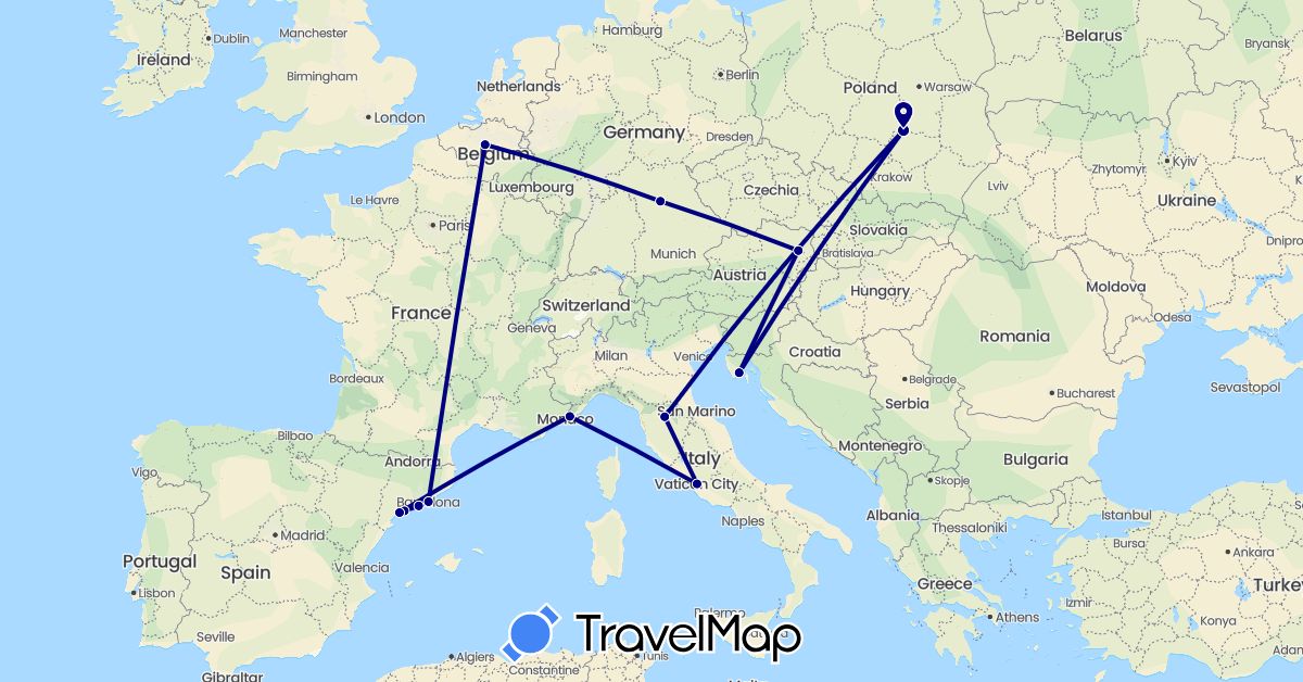 TravelMap itinerary: driving in Austria, Belgium, Germany, Spain, Croatia, Italy, Poland (Europe)